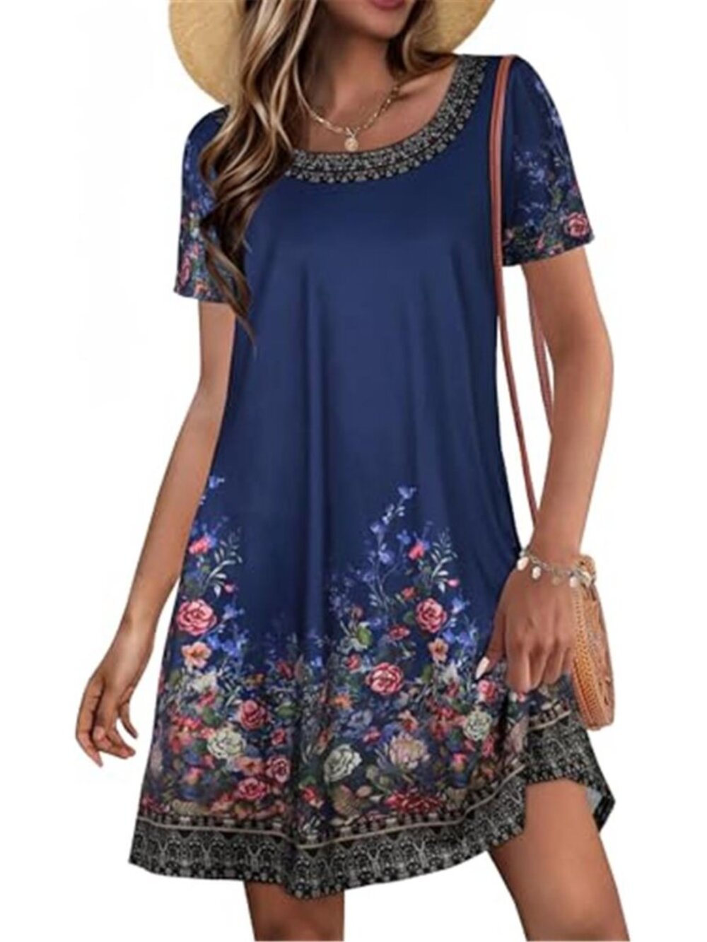 Navy Blue Floral Cotton Scoop Neck Short Sleeve Sundress Pockets T Shirt Dress